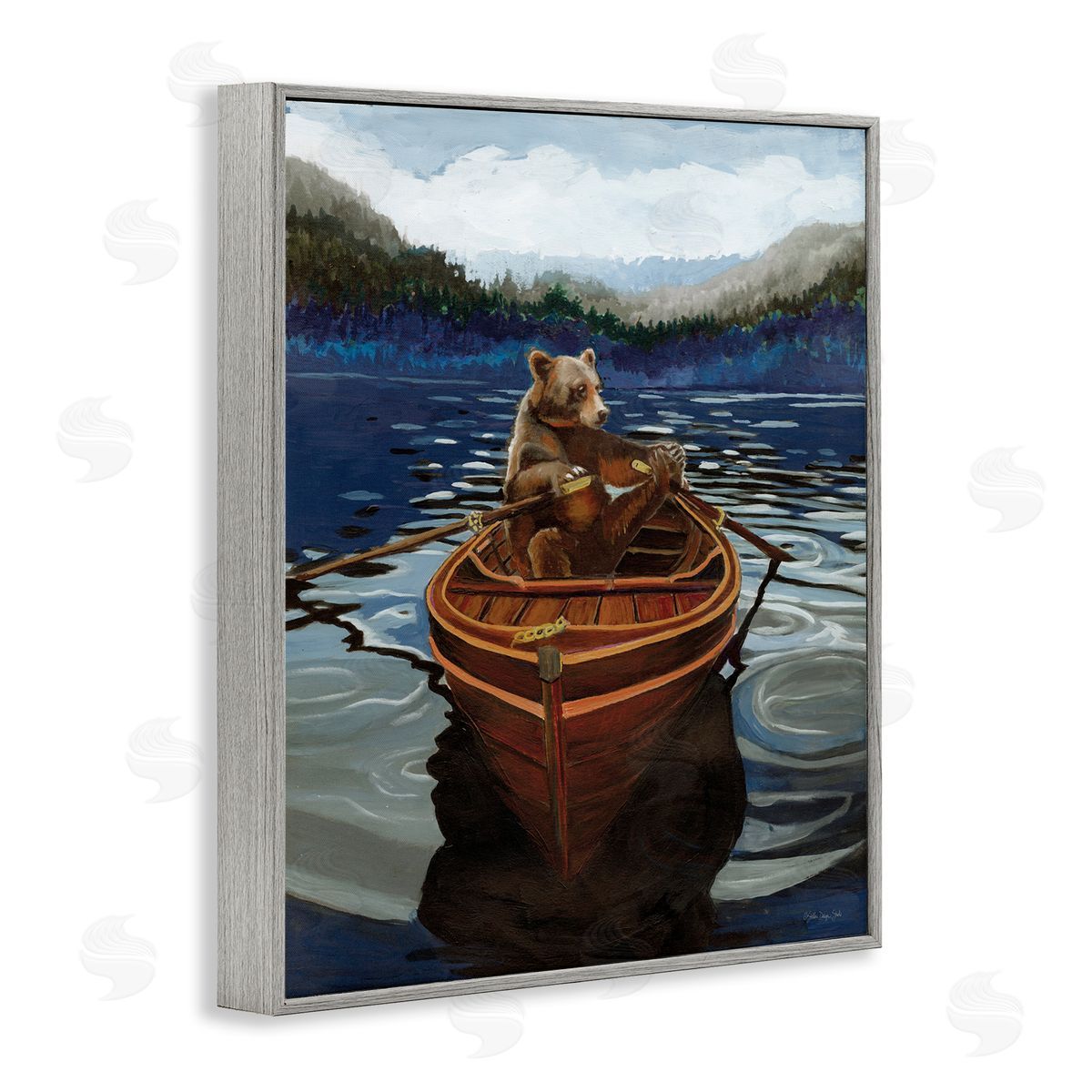 Stellar Design Studio Brown Bear on Row Boat Gray Framed Giclee Wall Art Print