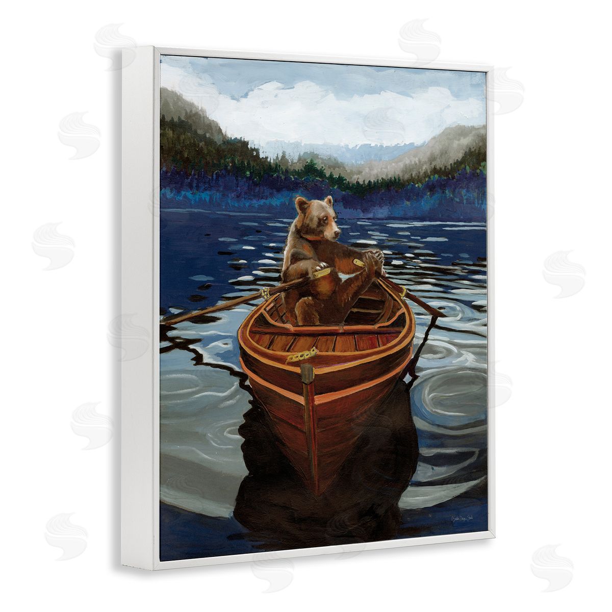 Stellar Design Studio Brown Bear on Row Boat White Framed Giclee Wall Art Print