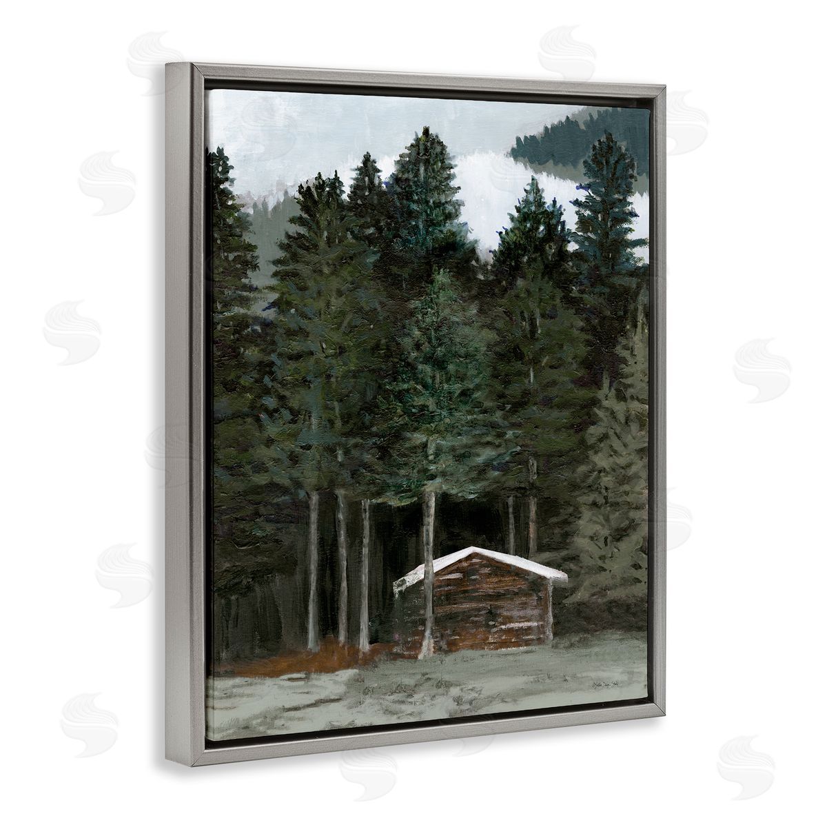 Stellar Design Studio Log Cabin Forest Thicket Gray Floating Frame Canvas Wall Art Print
