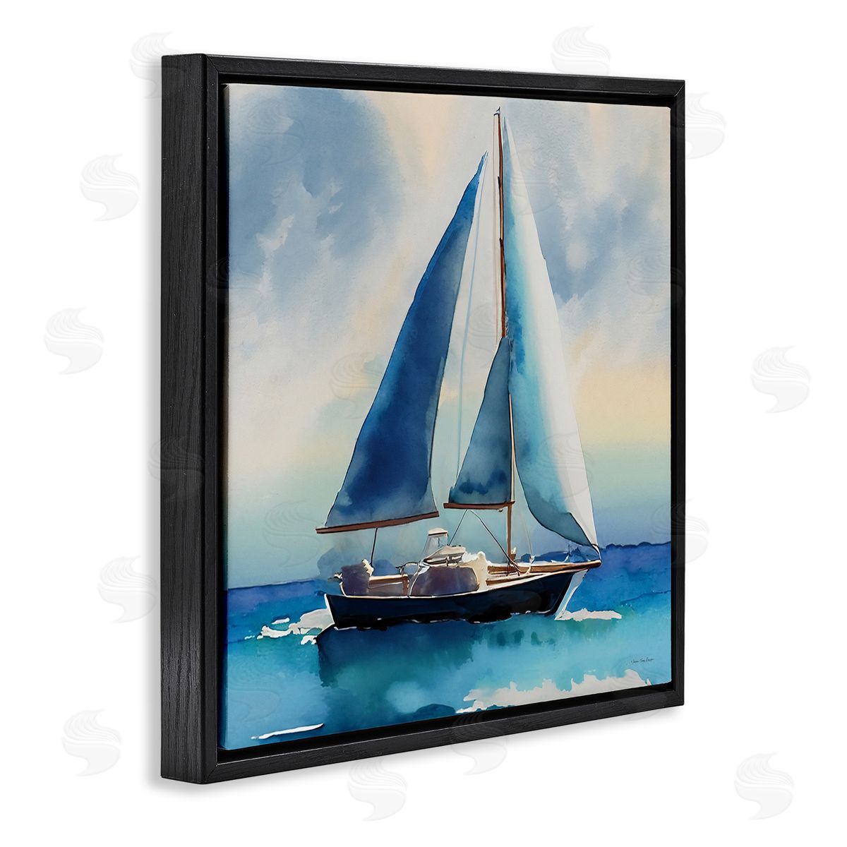 Yass Naffas Designs Watercolor Style Sailboat Black Floating Frame Canvas Wall Art Print