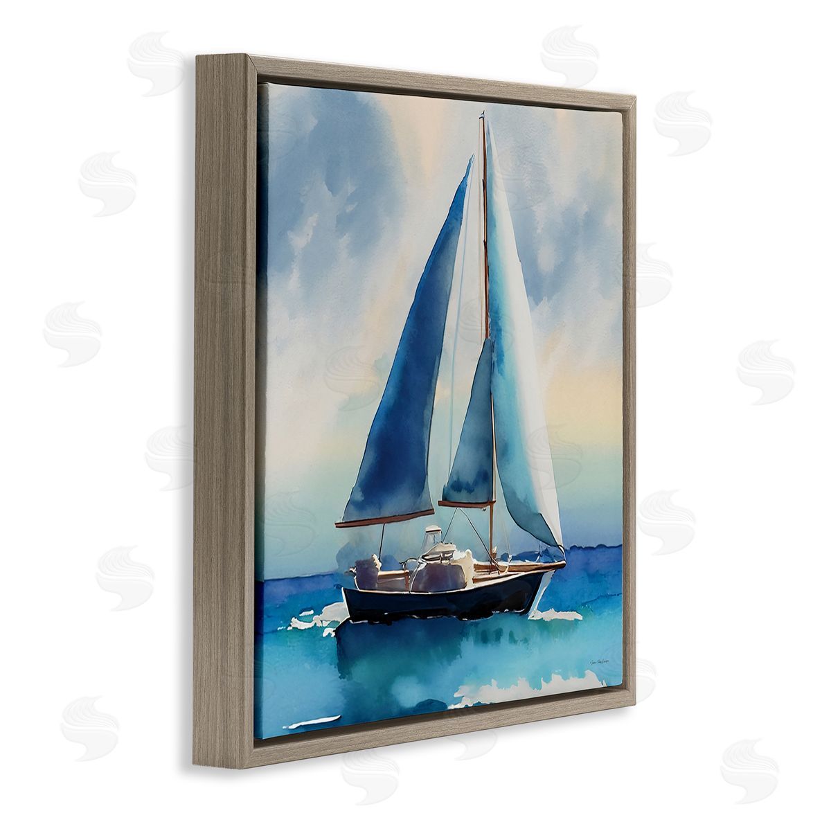 Yass Naffas Designs Watercolor Style Sailboat Brown Floating Frame Canvas Wall Art Print