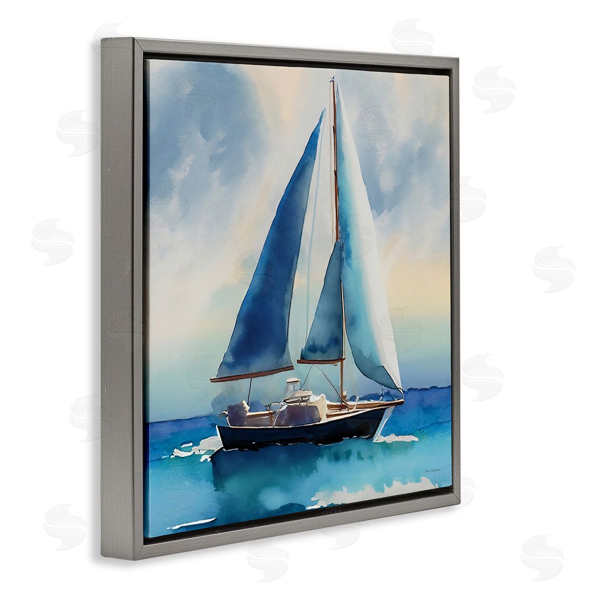 Yass Naffas Designs Watercolor Style Sailboat Gray Floating Frame Canvas Wall Art Print