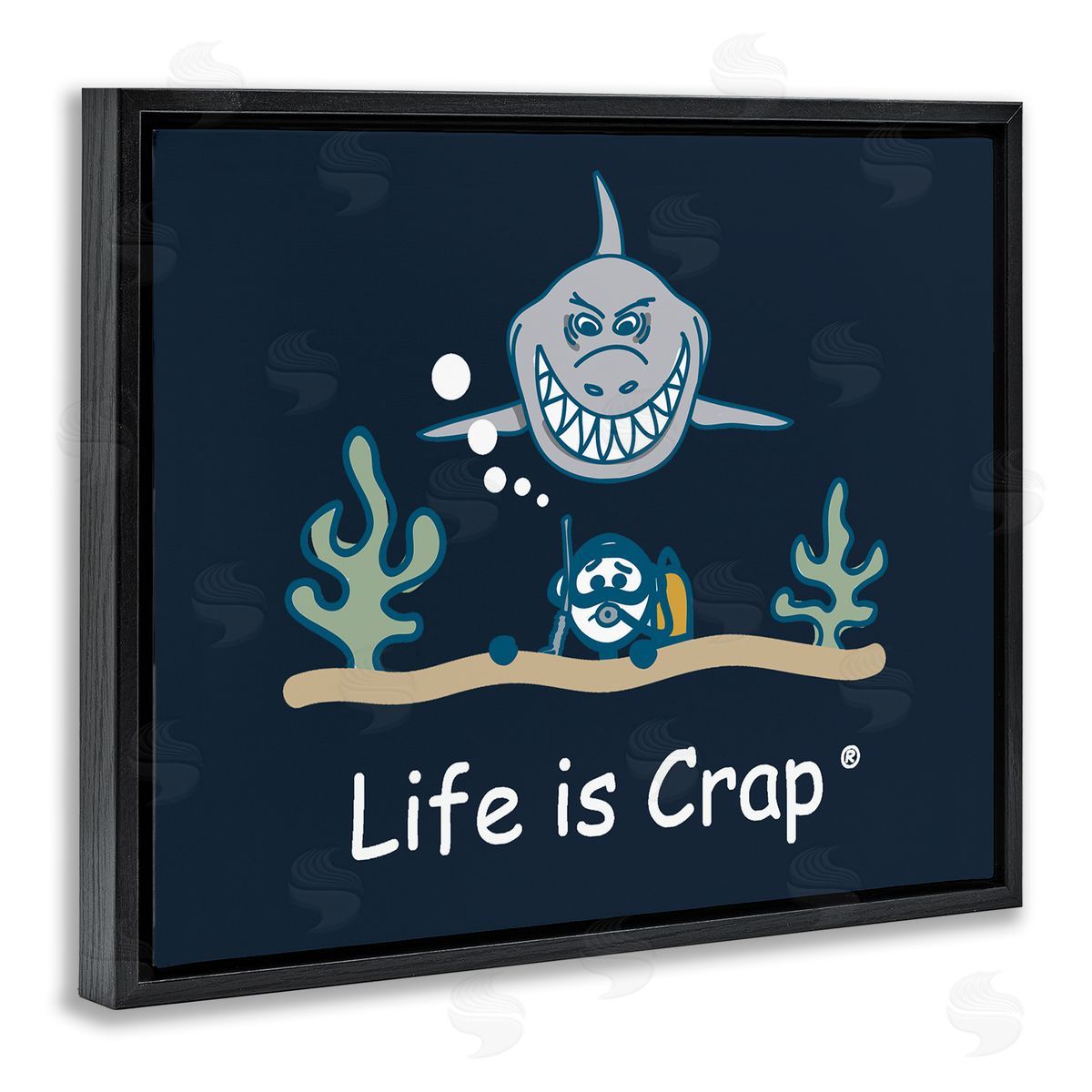 LIC Scary Scuba Shark Black Floating Frame Canvas Wall Art Print
