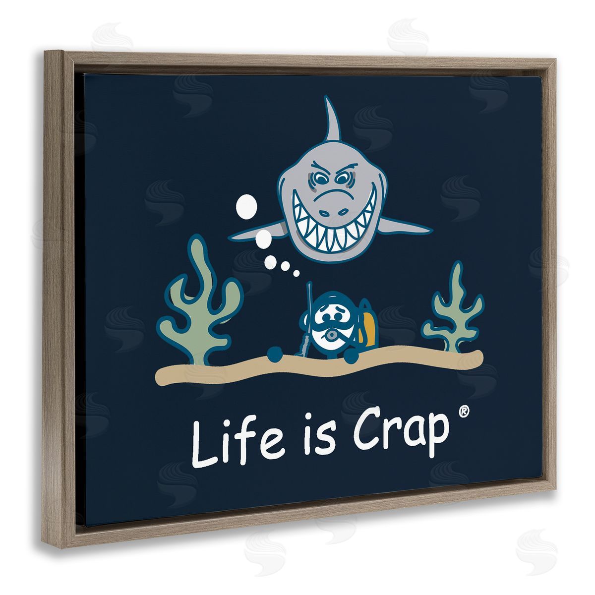 LIC Scary Scuba Shark Brown Floating Frame Canvas Wall Art Print