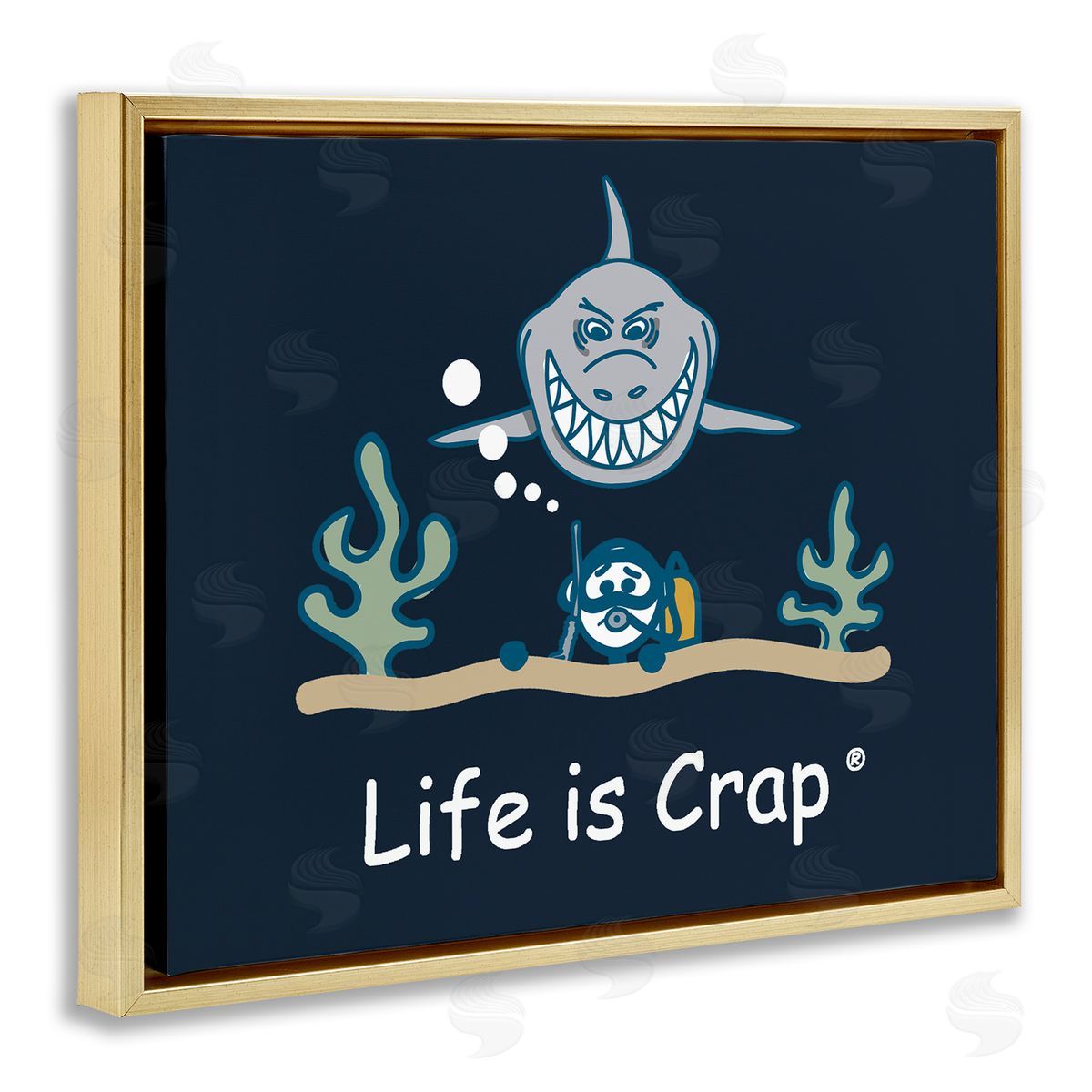 LIC Scary Scuba Shark Gold Floating Frame Canvas Wall Art Print