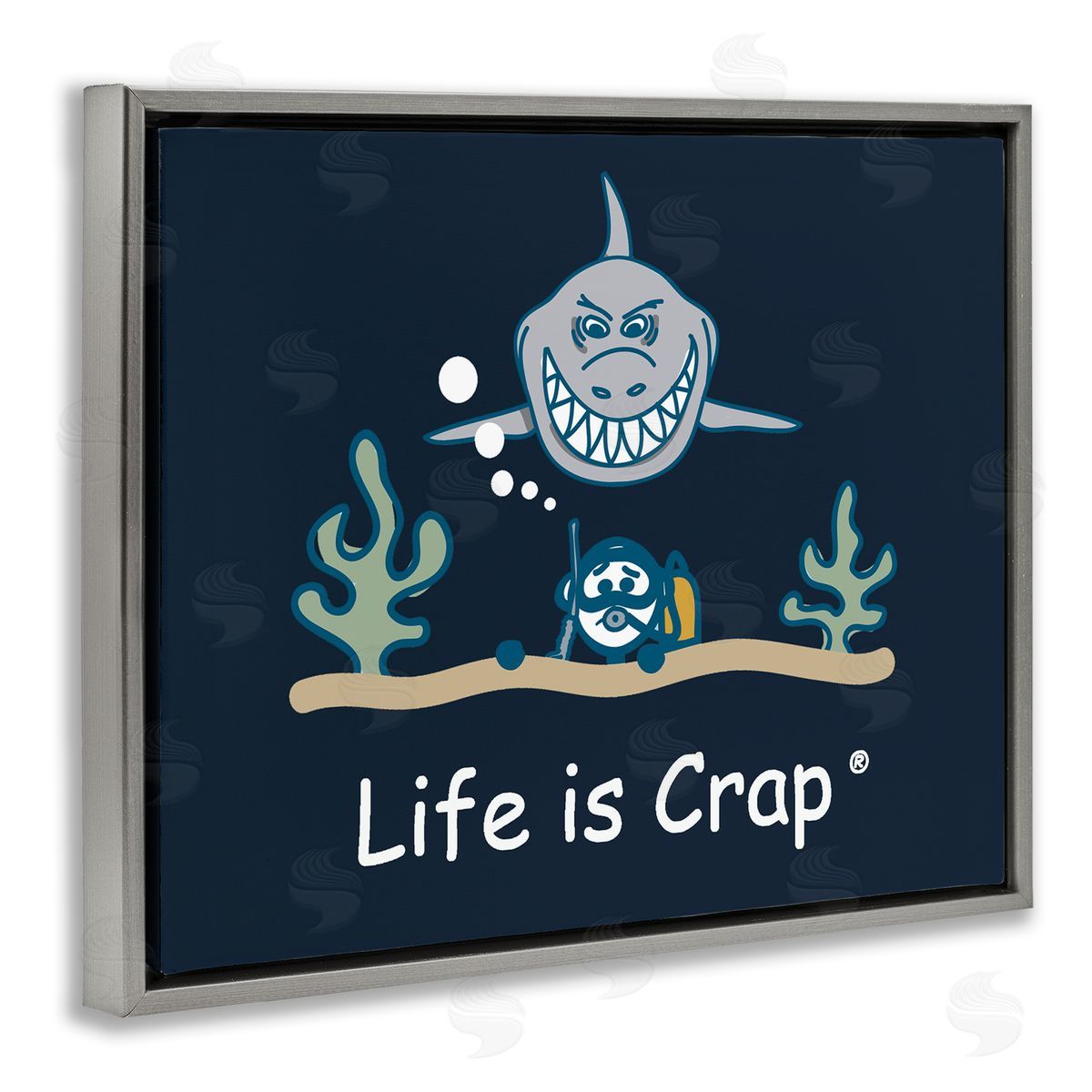 LIC Scary Scuba Shark Gray Floating Frame Canvas Wall Art Print
