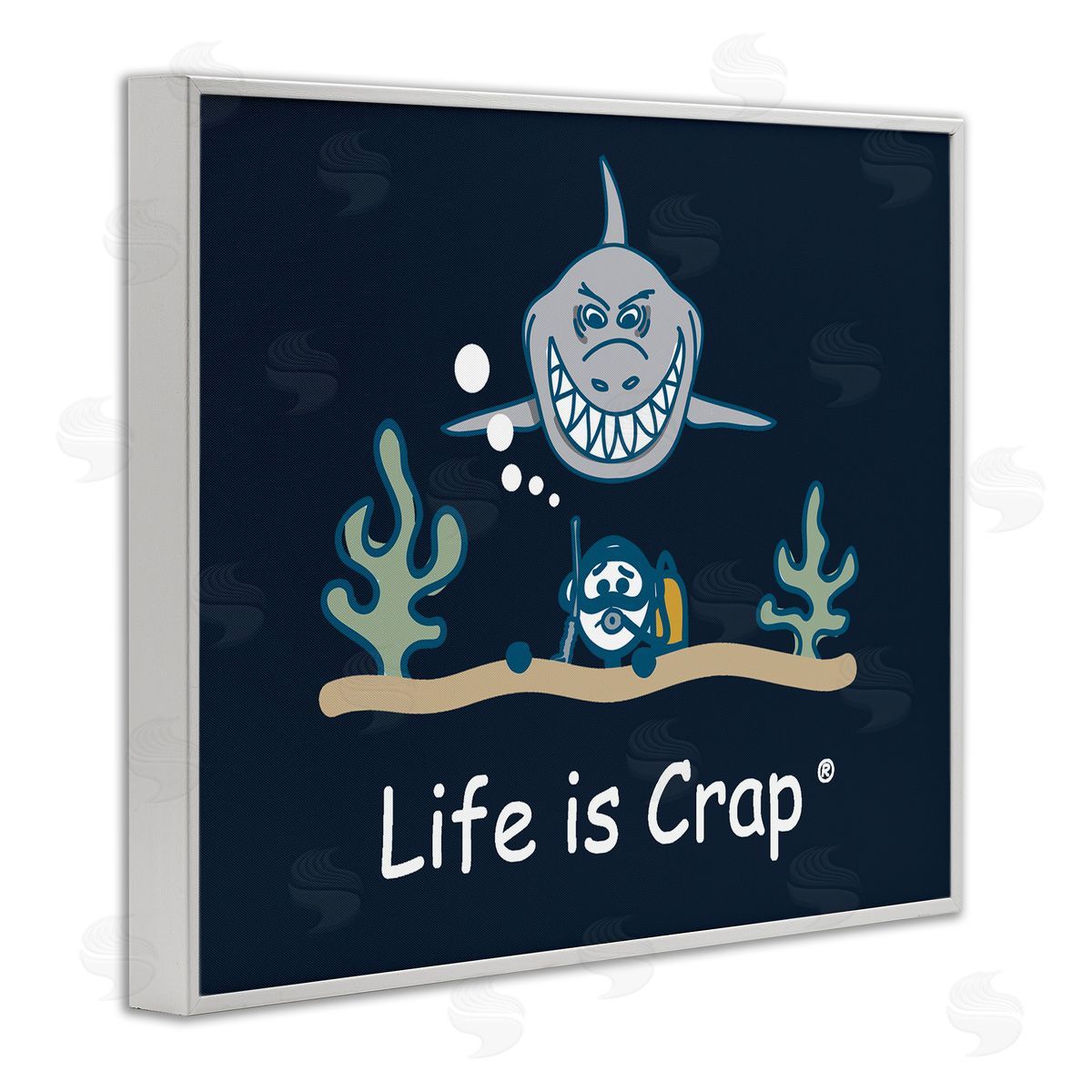 LIC Scary Scuba Shark White Framed Giclee Wall Art Print