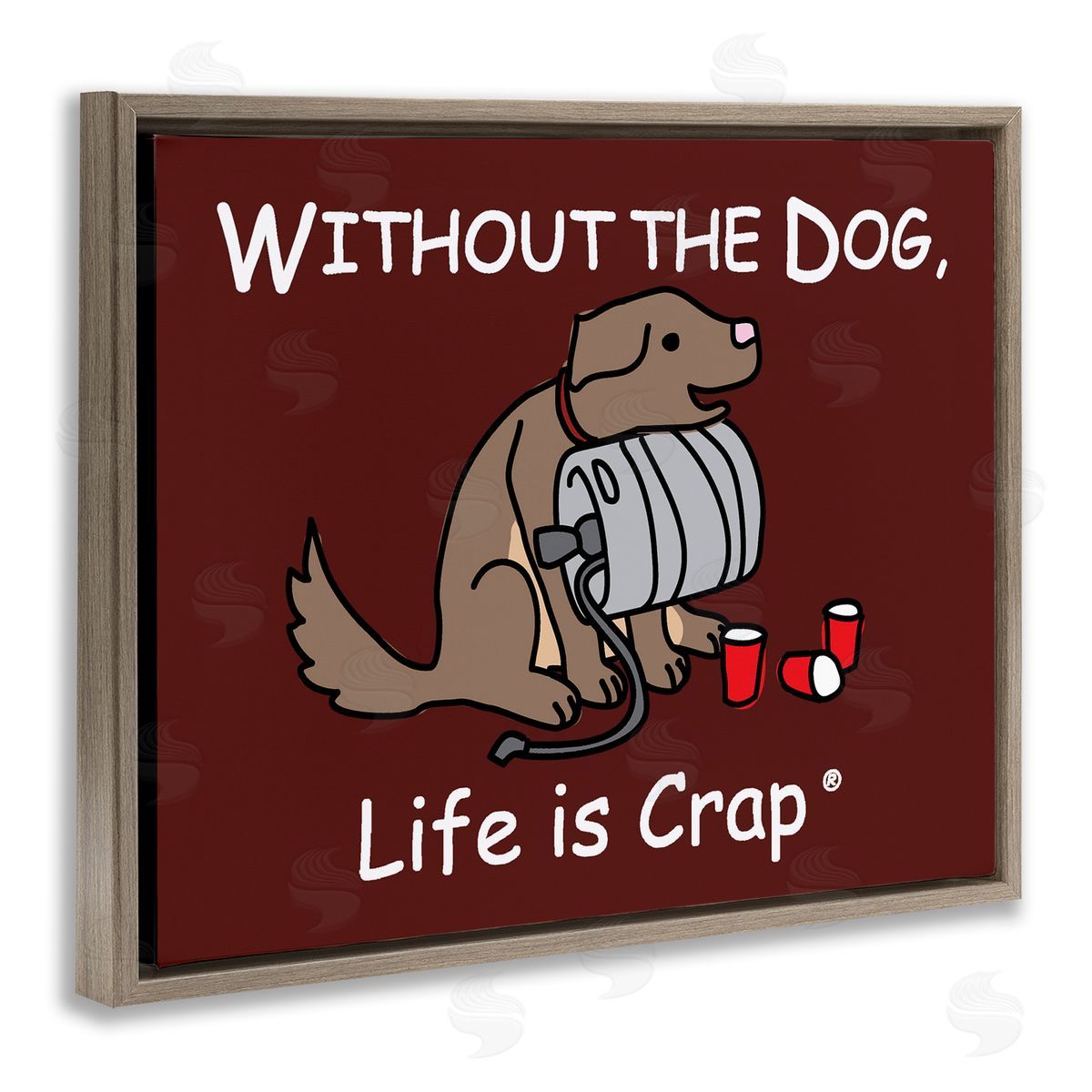 LIC Funny Dog & Keg Brown Floating Frame Canvas Wall Art Print