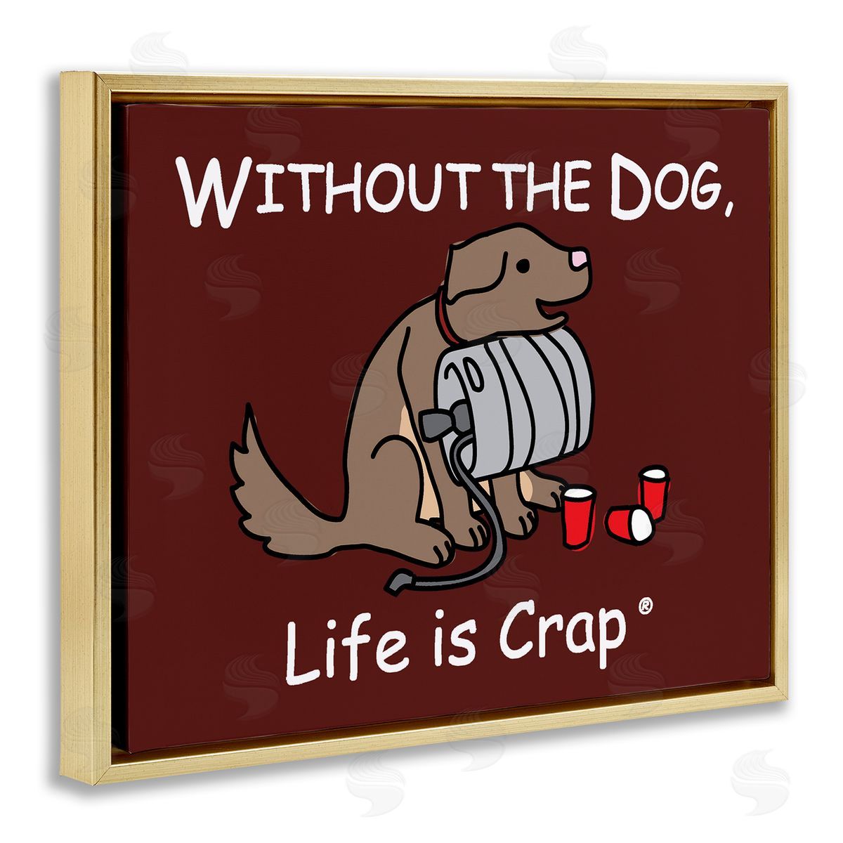LIC Funny Dog & Keg Gold Floating Frame Canvas Wall Art Print