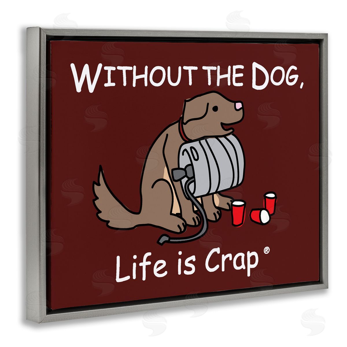 LIC Funny Dog & Keg Gray Floating Frame Canvas Wall Art Print