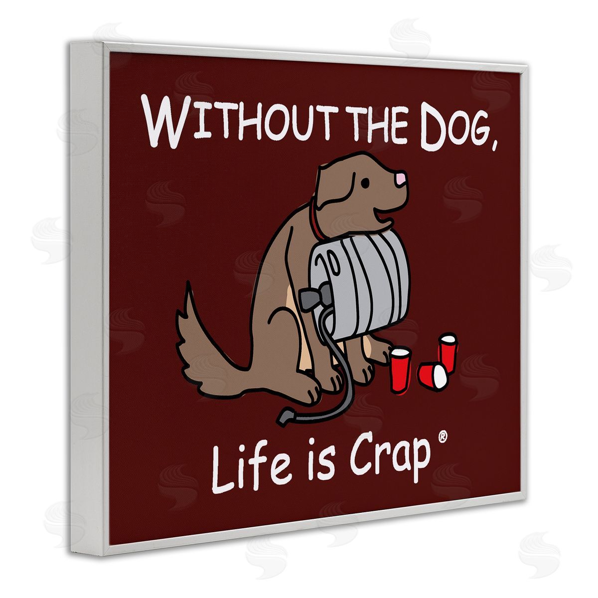 LIC Funny Dog & Keg White Framed Giclee Wall Art Print