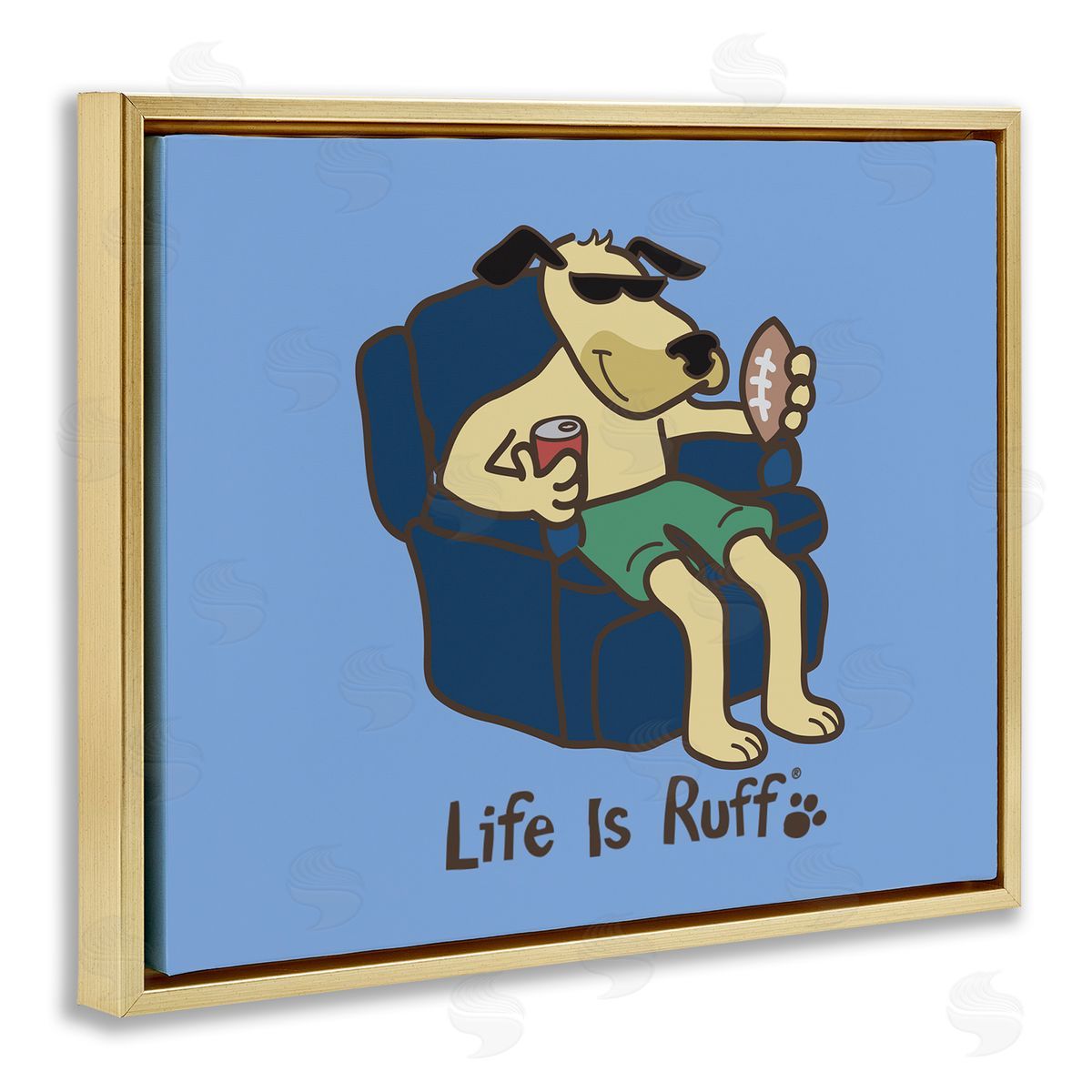 LIR Lounging Dog with Football Gold Floating Frame Canvas Wall Art Print