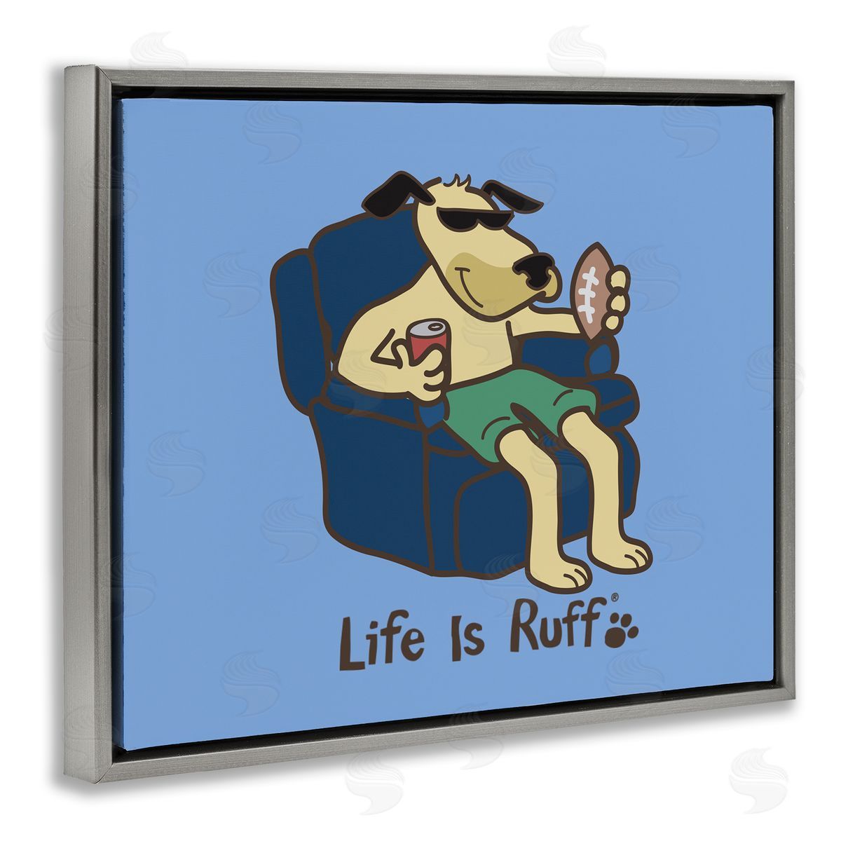 LIR Lounging Dog with Football Gray Floating Frame Canvas Wall Art Print