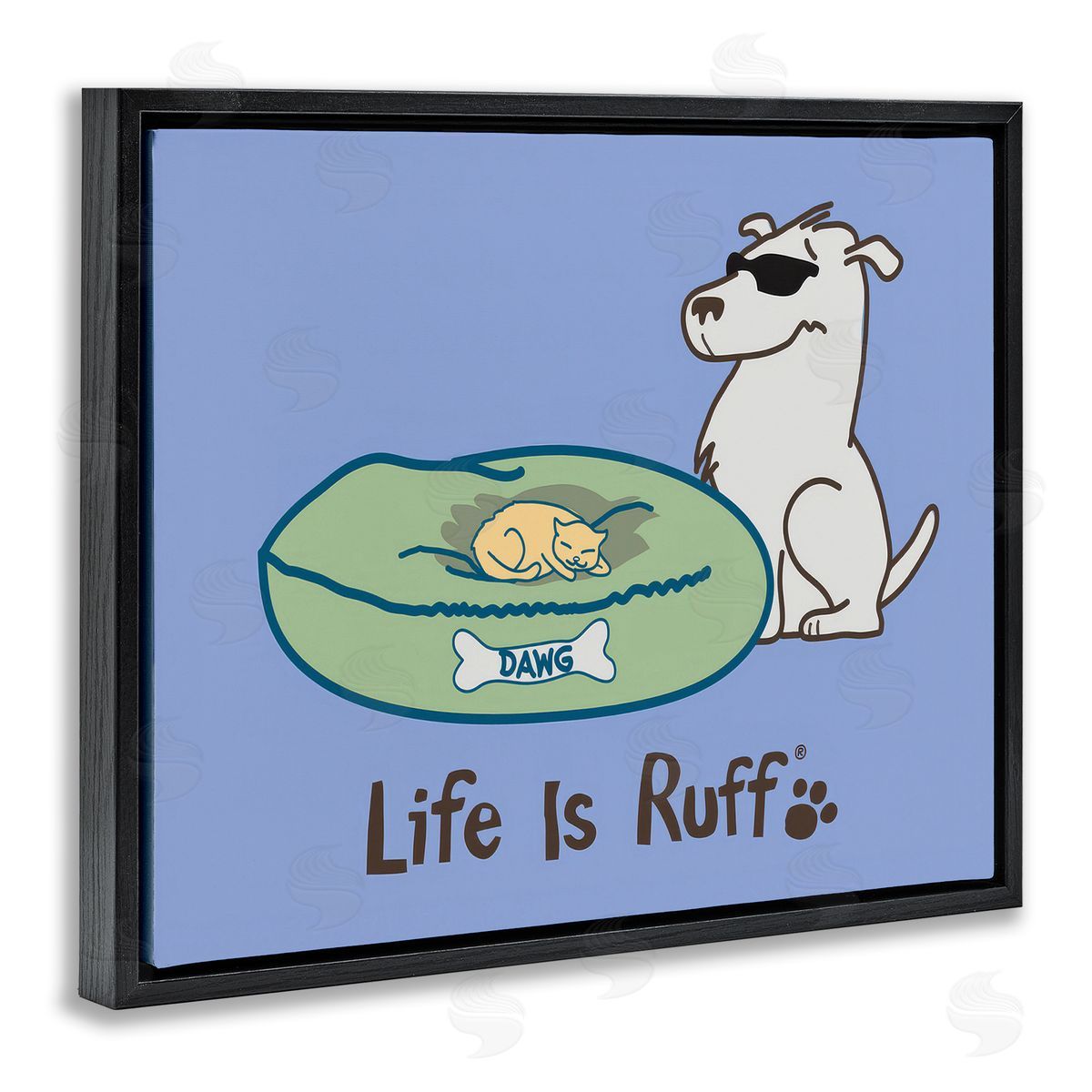 Cat on Dog Bed Black Floating Frame Canvas Wall Art, Home Decor by LIR