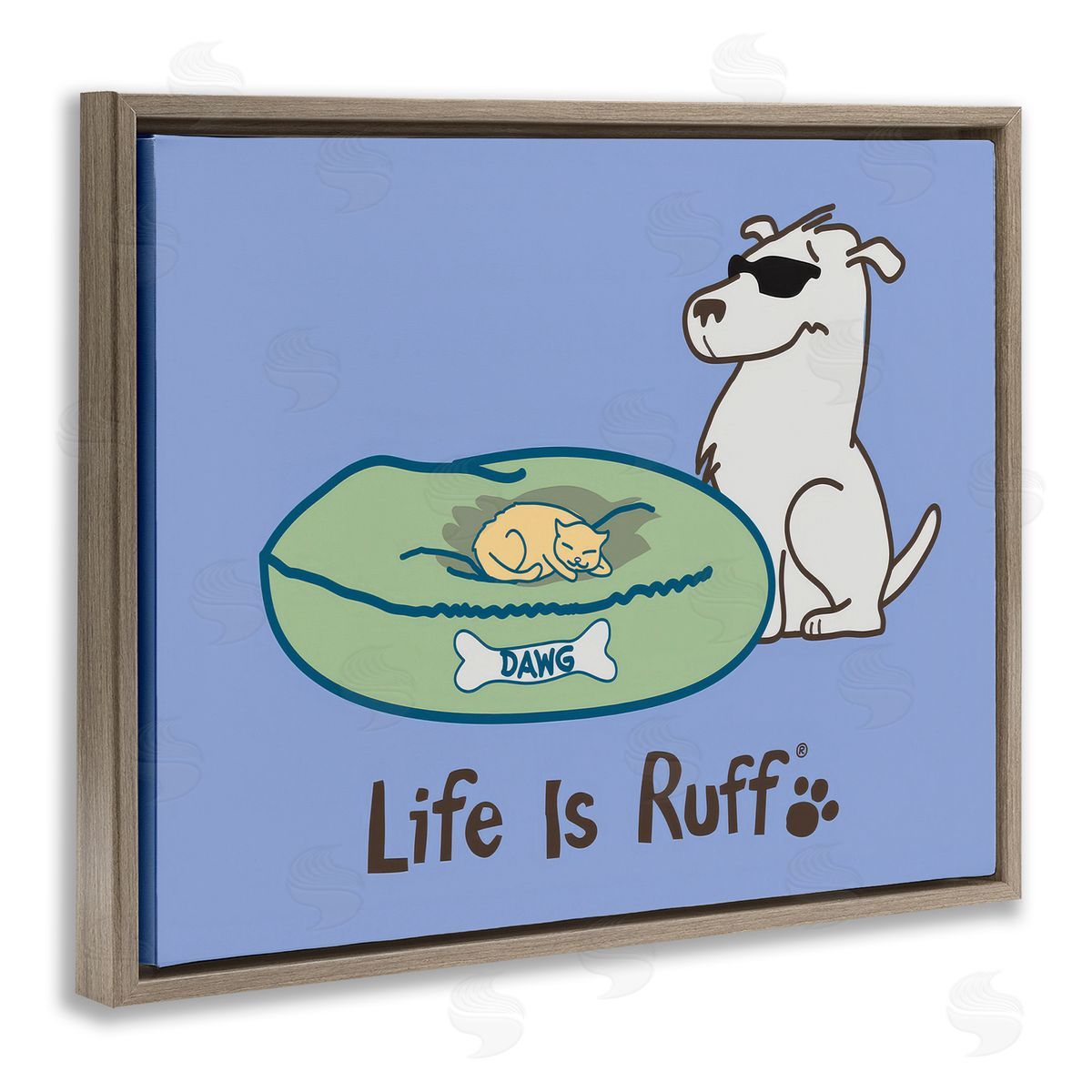 Cat on Dog Bed Brown Floating Frame Canvas Wall Art, Home Decor by LIR