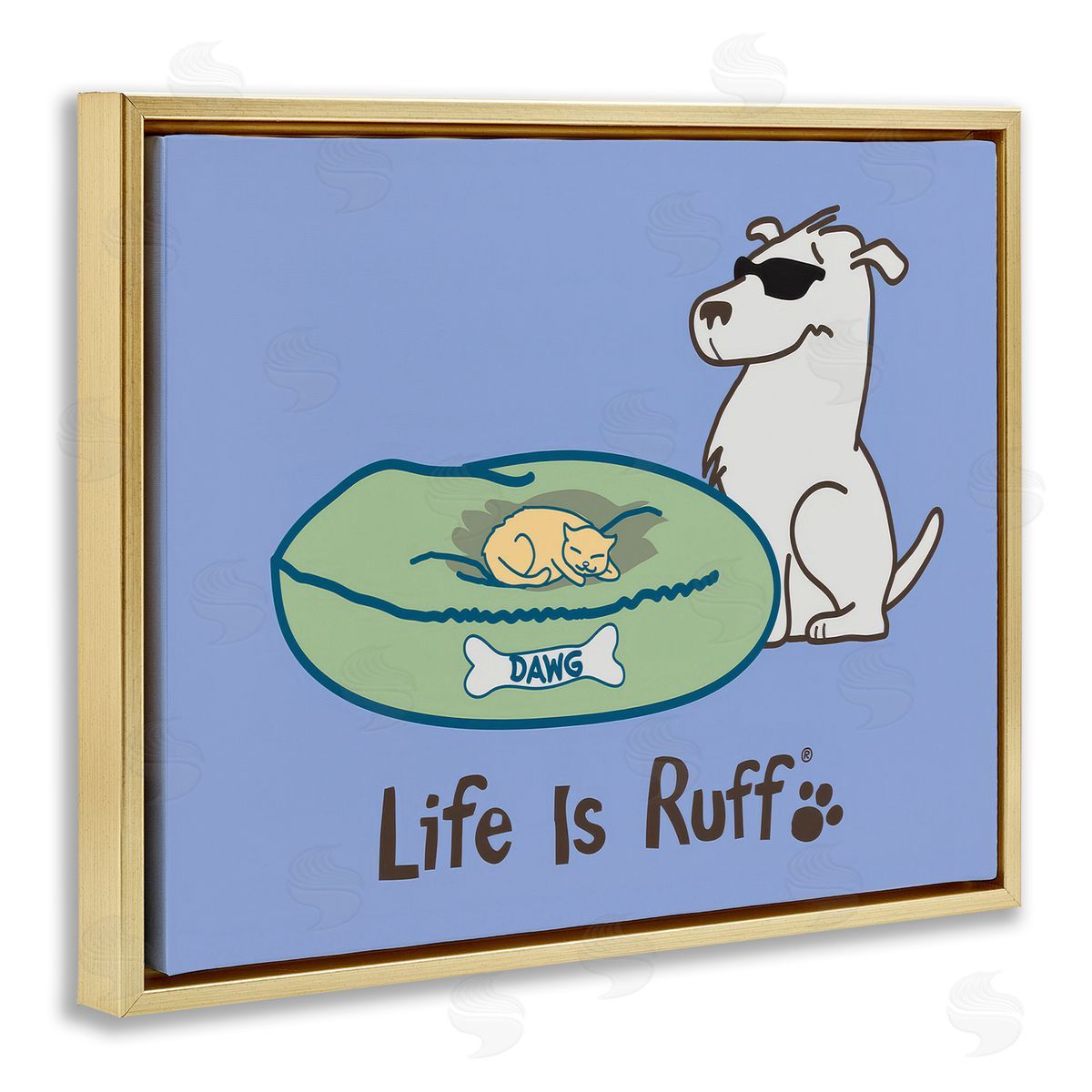 Cat on Dog Bed Gold Floating Frame Canvas Wall Art, Home Decor by LIR