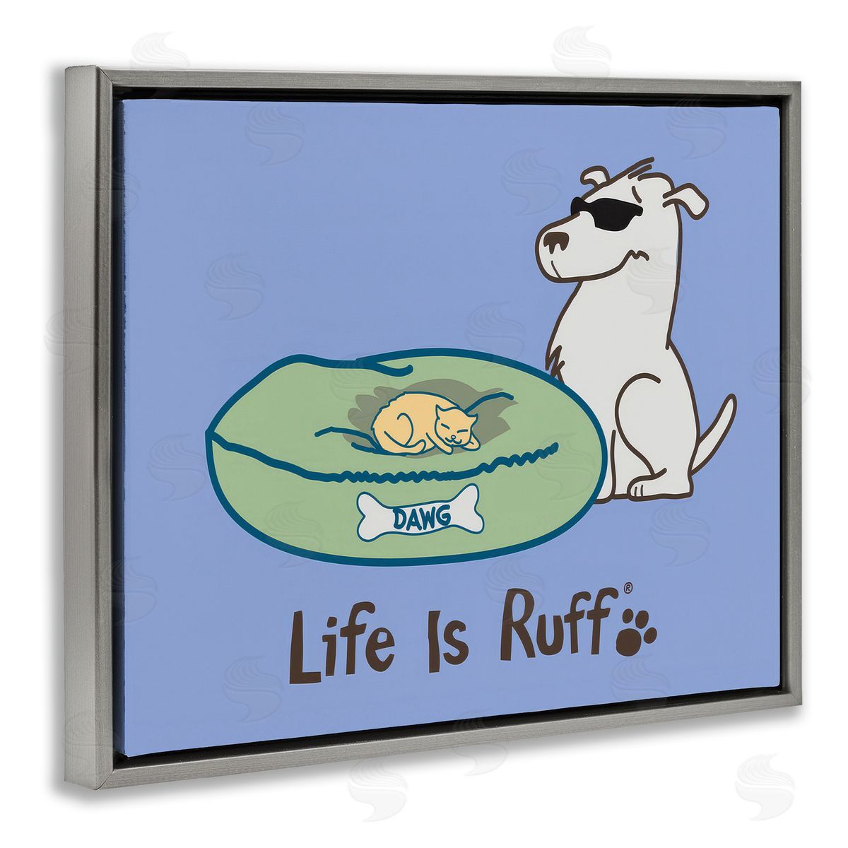 Cat on Dog Bed Grey Floating Frame Canvas Wall Art, Home Decor by LIR