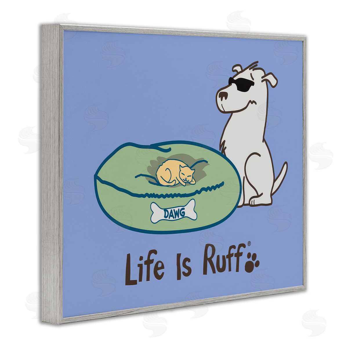 Cat on Dog Bed Grey Frame Print Wall Art, Home Decor by LIR