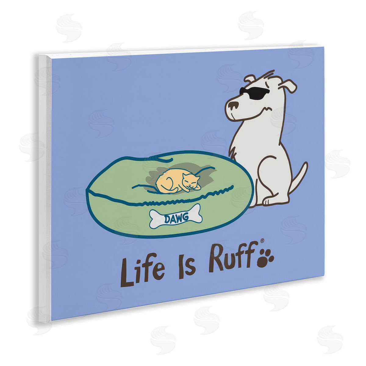 Cat on Dog Bed Wood Plaque Wall Art, Home Decor by LIR