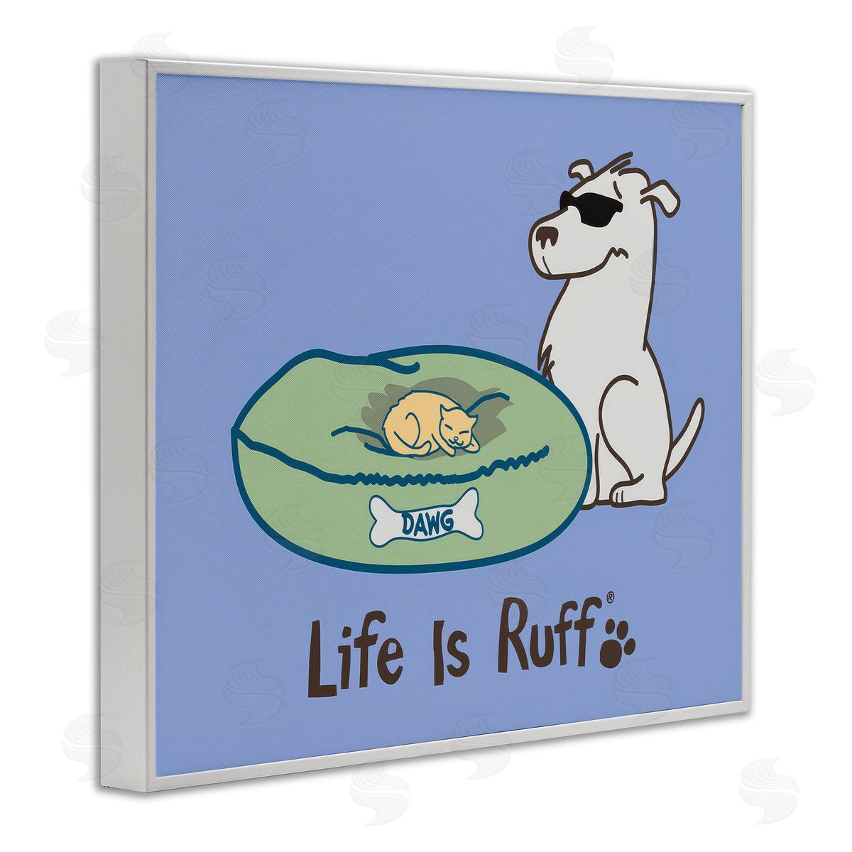 Cat on Dog Bed White Frame Print Wall Art, Home Decor by LIR