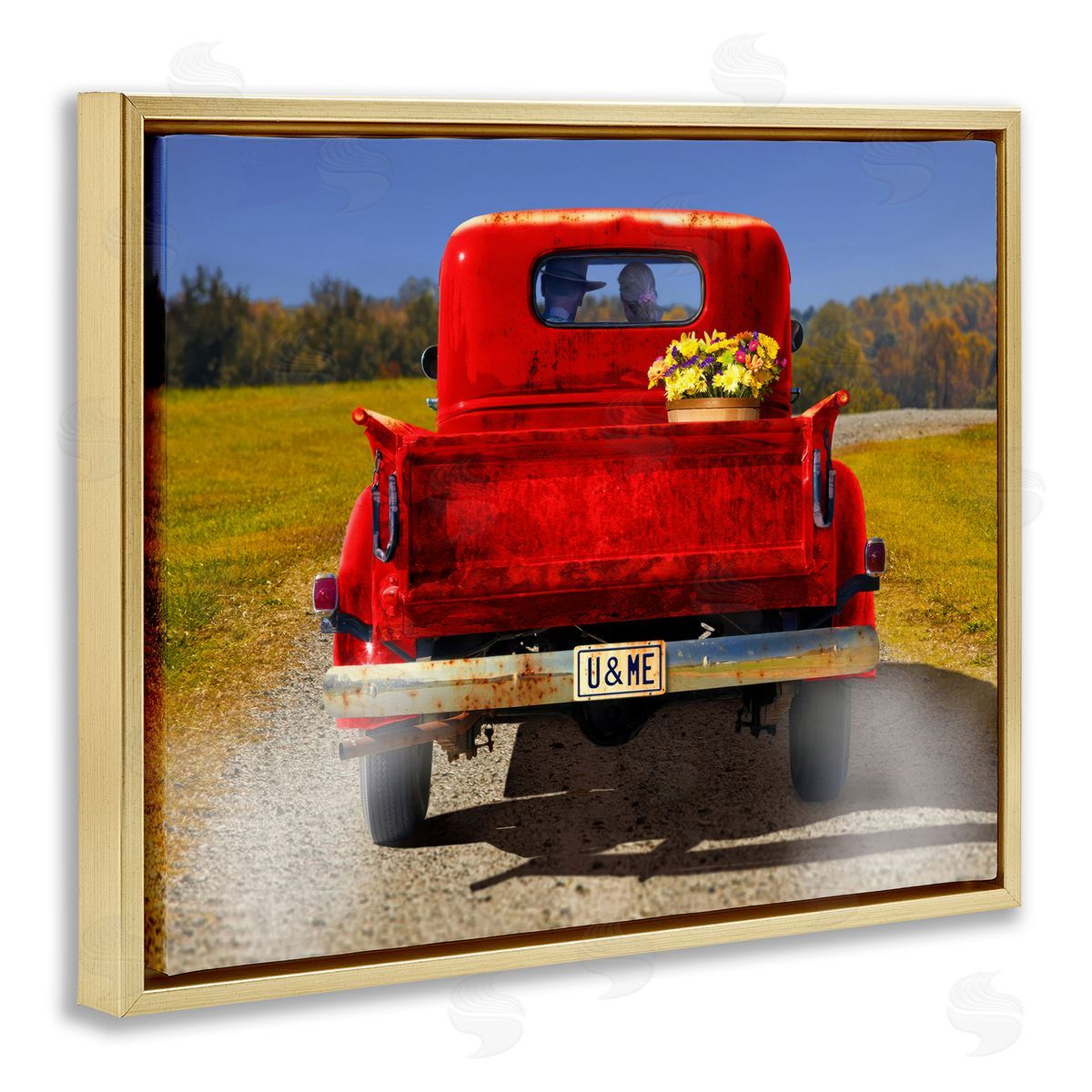 Cowboy in Red Truck Gold Floating Frame Canvas Wall Art, Home Decor by Michael Quackenbush