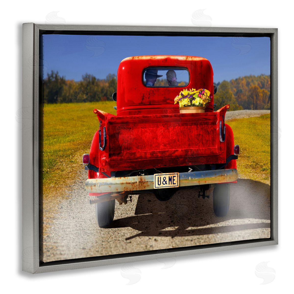 Cowboy in Red Truck Grey Floating Frame Canvas Wall Art, Home Decor by Michael Quackenbush