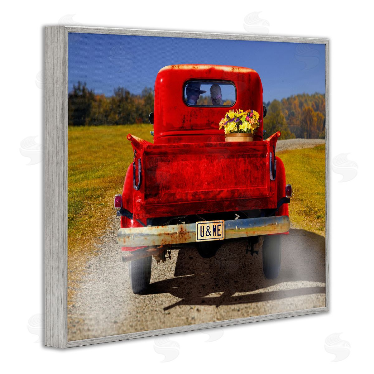 Cowboy in Red Truck Grey Frame Print Wall Art, Home Decor by Michael Quackenbush