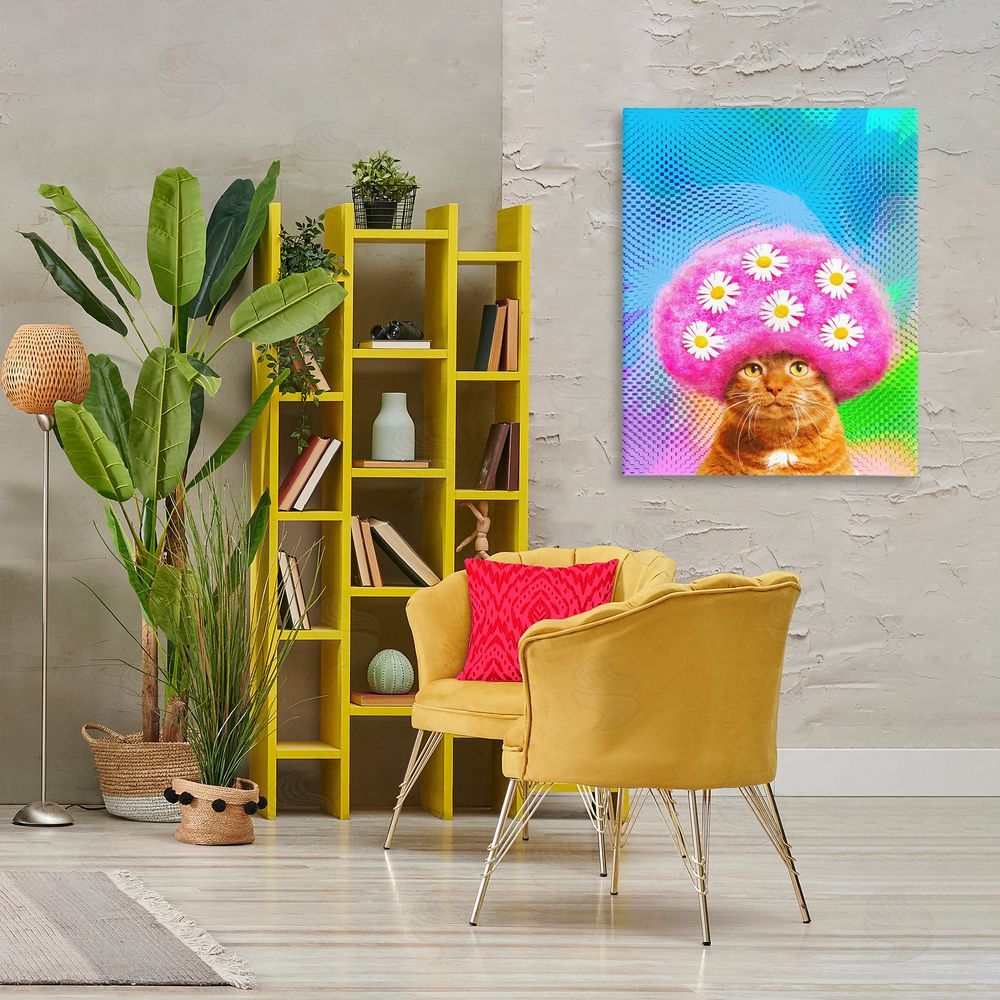 Michael Quackenbush Groovy Daisy Wig Cat Canvas Wall Art Print in Room