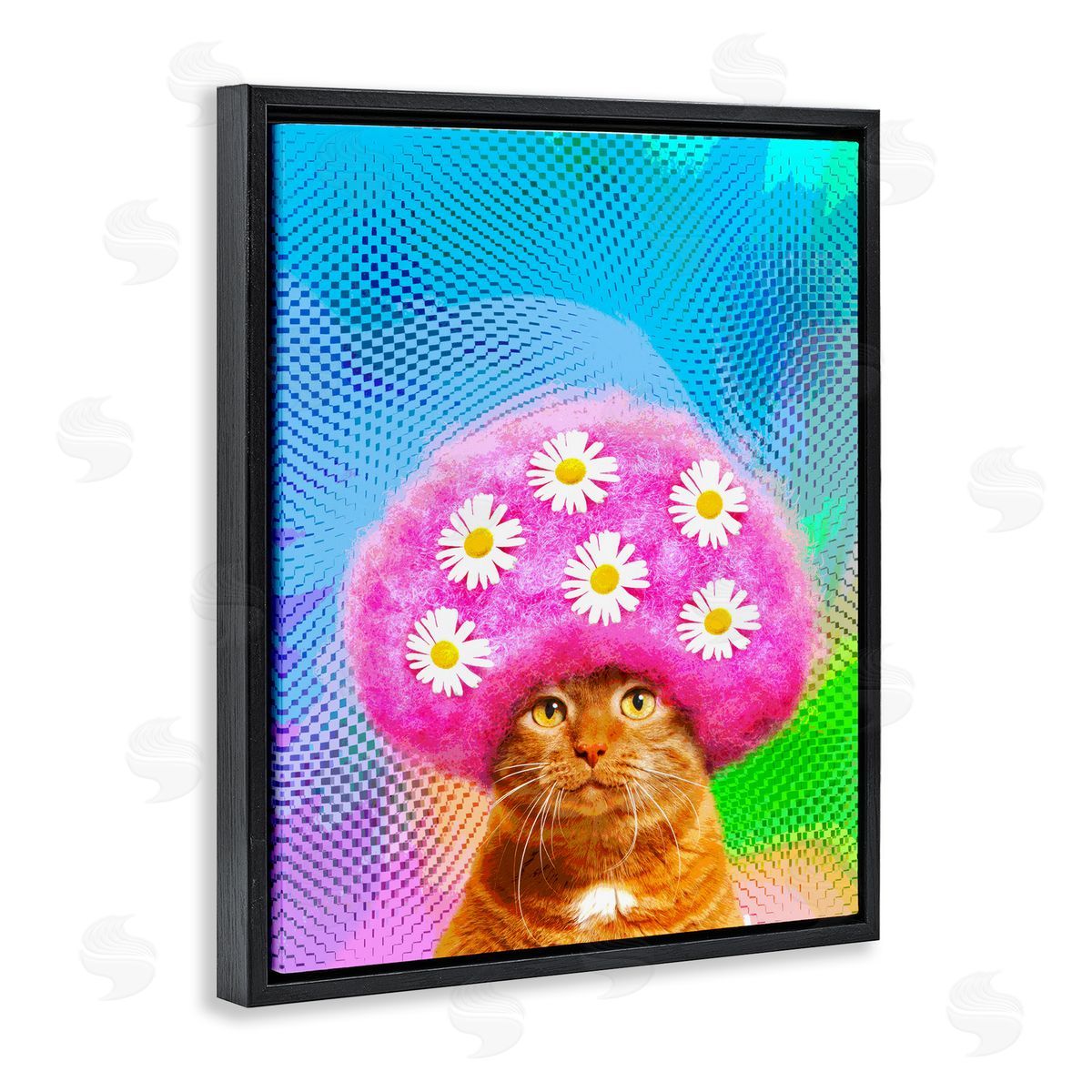Michael Quackenbush Groovy Daisy Wig Cat Black Floating Frame Canvas Wall Art Print
