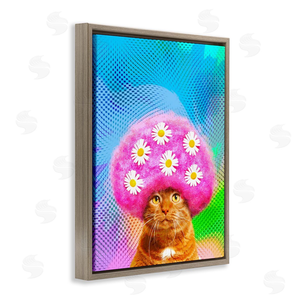 Michael Quackenbush Groovy Daisy Wig Cat Brown Floating Frame Canvas Wall Art Print