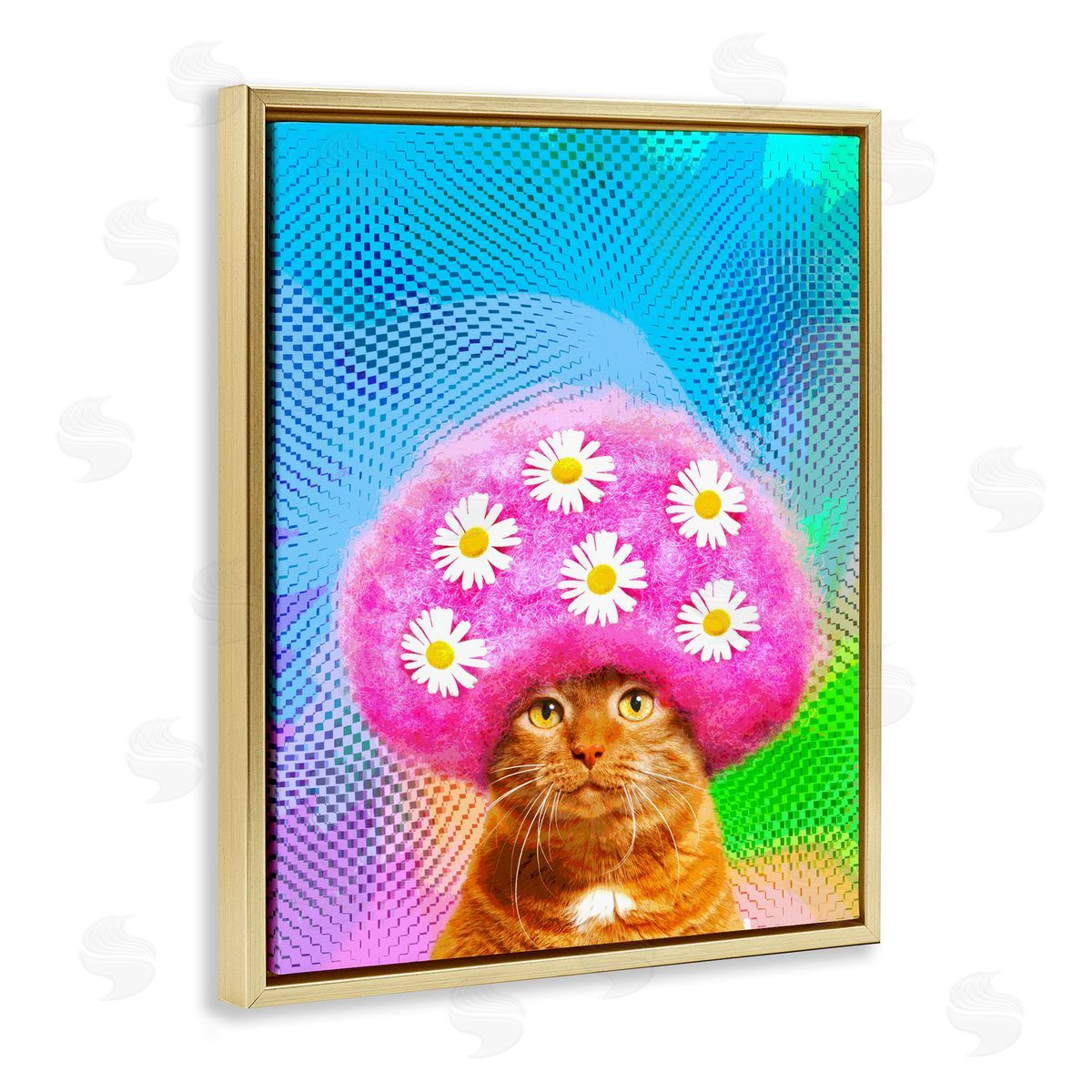 Michael Quackenbush Groovy Daisy Wig Cat Gold Floating Frame Canvas Wall Art Print