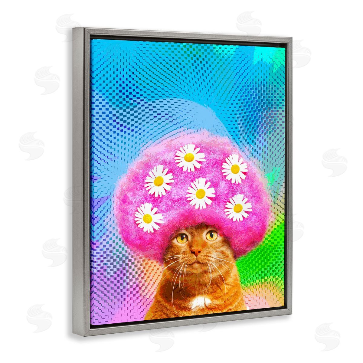 Michael Quackenbush Groovy Daisy Wig Cat Gray Floating Frame Canvas Wall Art Print