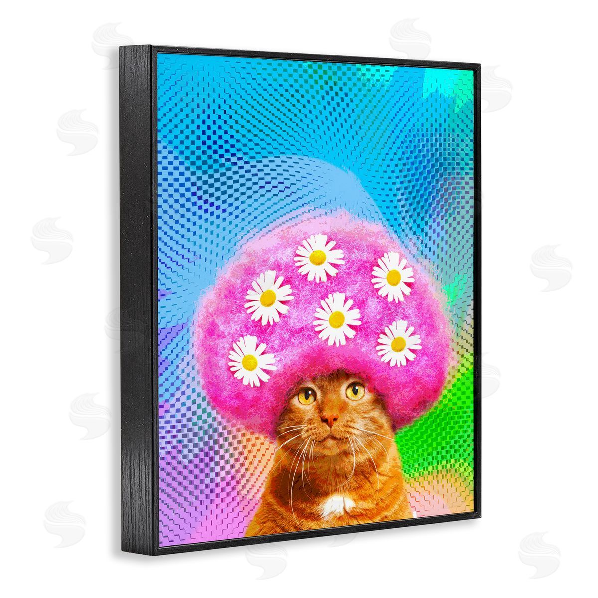 Michael Quackenbush Groovy Daisy Wig Cat Black Framed Giclee Wall Art Print