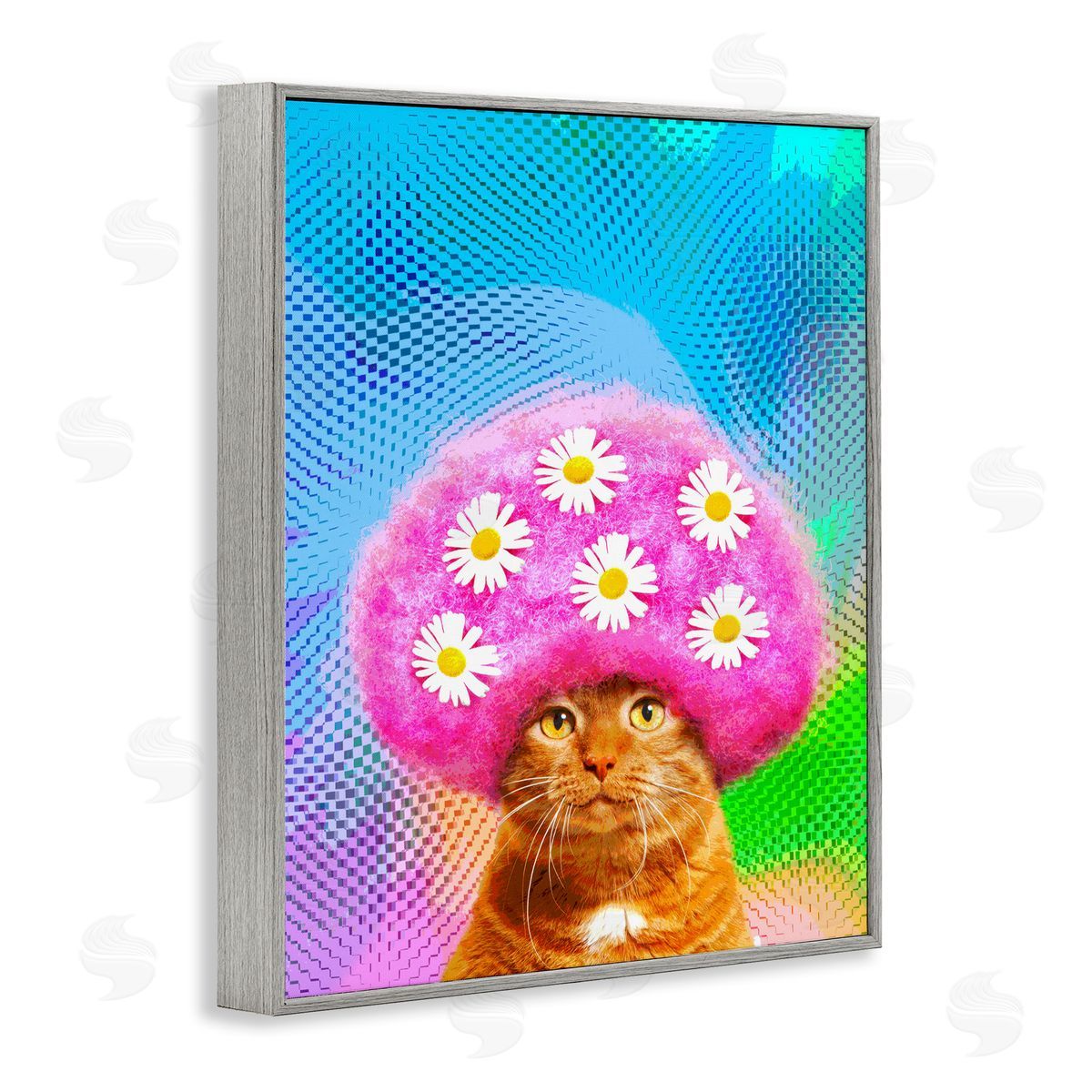 Michael Quackenbush Groovy Daisy Wig Cat Gray Framed Giclee Wall Art Print