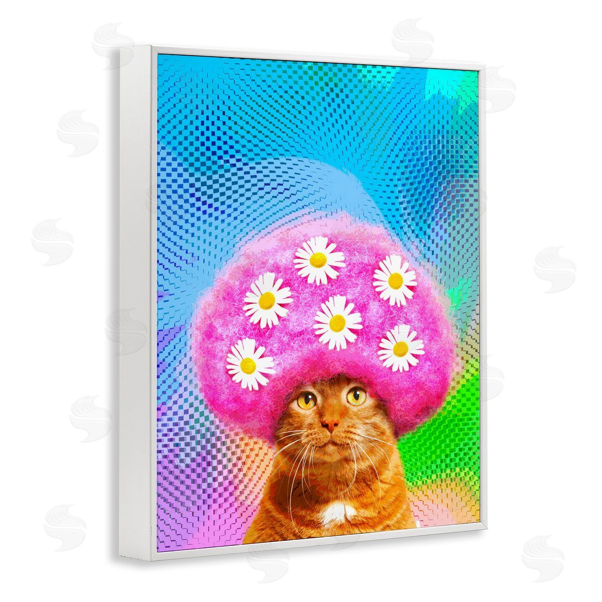 Michael Quackenbush Groovy Daisy Wig Cat White Framed Giclee Wall Art Print