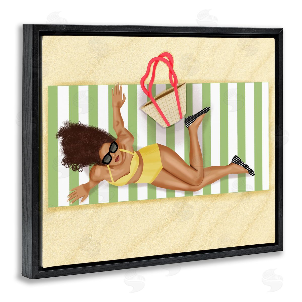 Saba Rauf Woman on Beach Blanket Black Floating Frame Canvas Wall Art Print