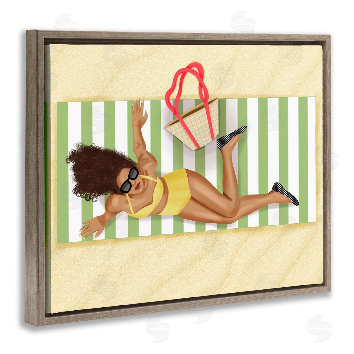 Saba Rauf Woman on Beach Blanket Brown Floating Frame Canvas Wall Art Print