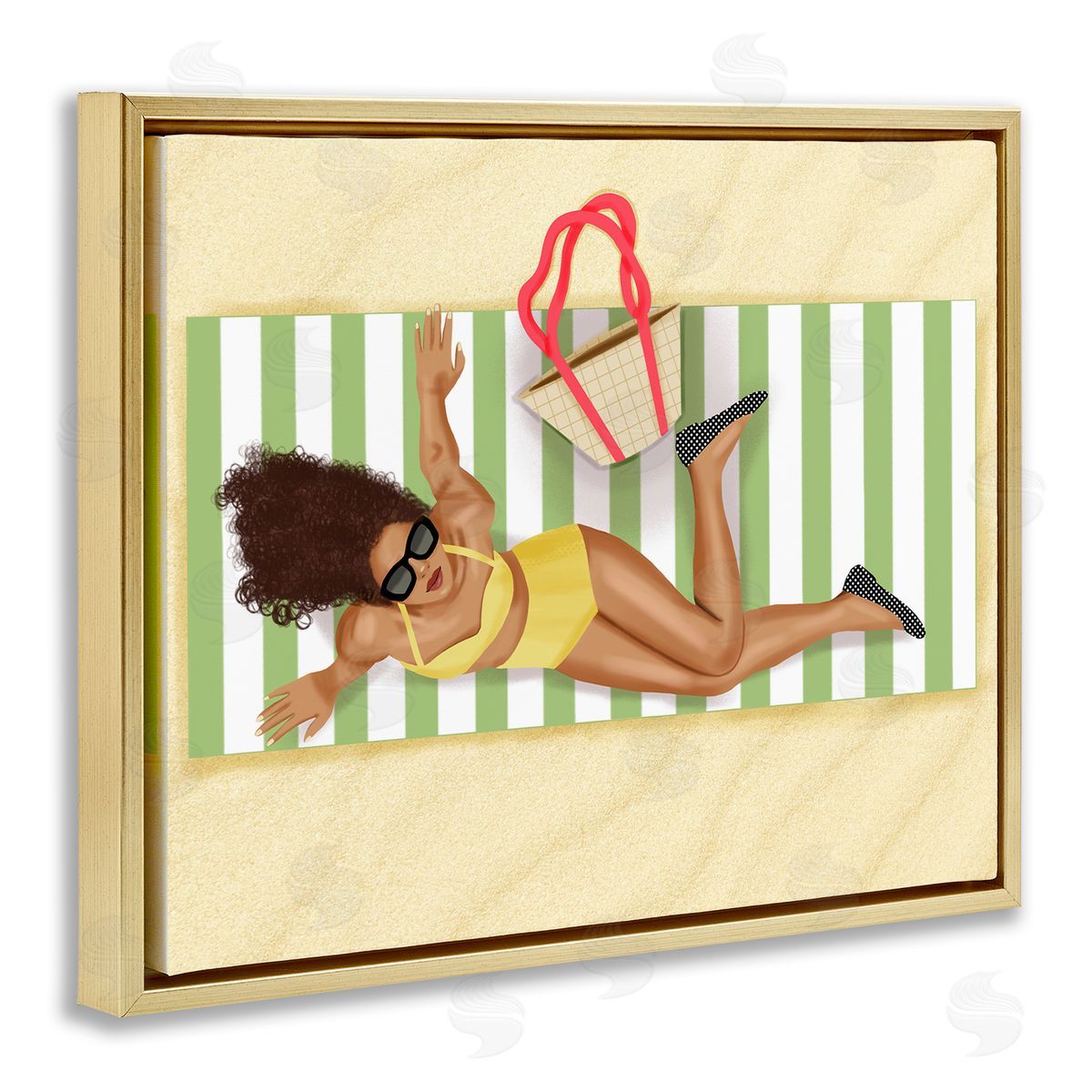 Saba Rauf Woman on Beach Blanket Gold Floating Frame Canvas Wall Art Print