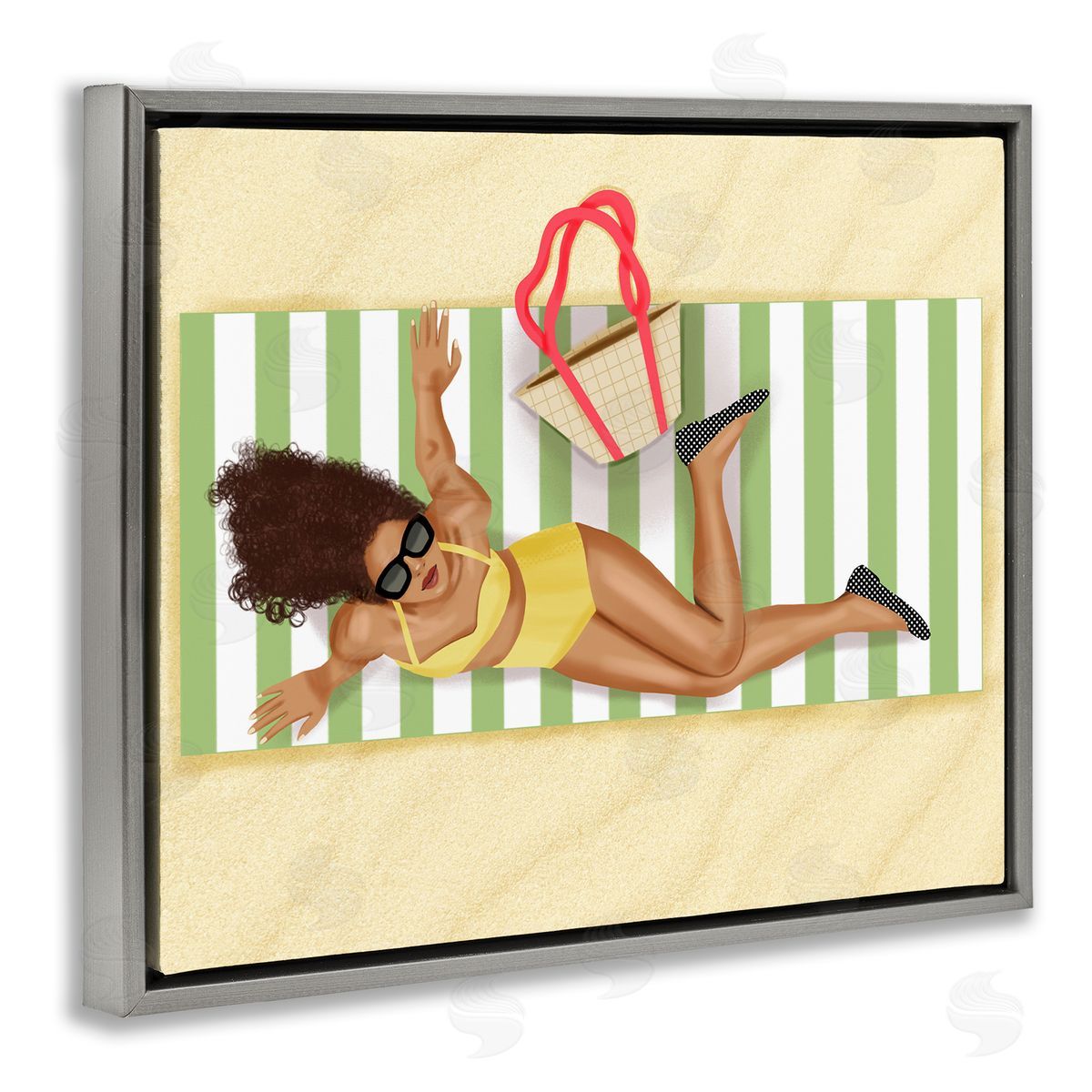 Saba Rauf Woman on Beach Blanket Gray Floating Frame Canvas Wall Art Print