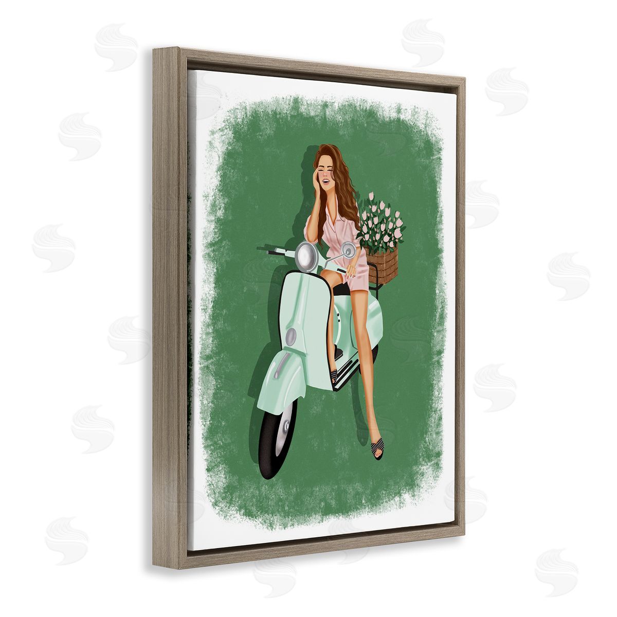 Saba Rauf Laughing Girl on Scooter Brown Floating Frame Canvas Wall Art Print