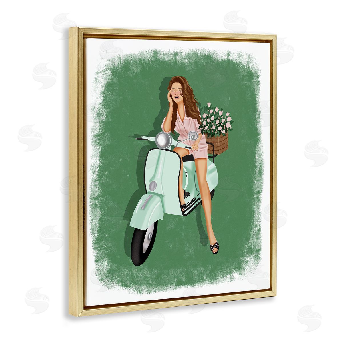 Saba Rauf Laughing Girl on Scooter Gold Floating Frame Canvas Wall Art Print