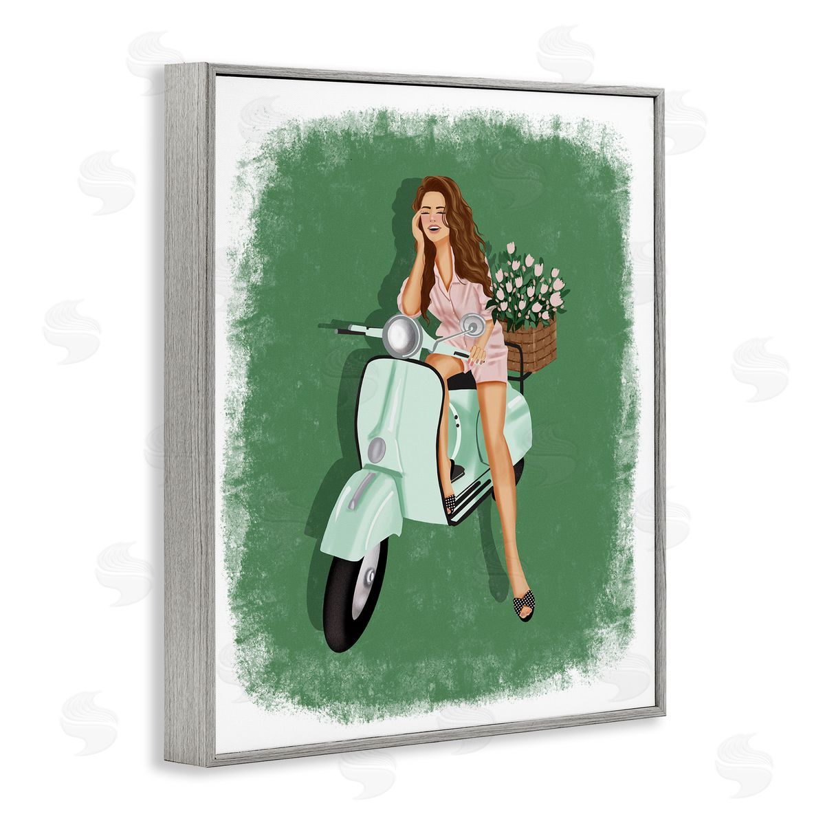 Saba Rauf Laughing Girl on Scooter Gray Framed Giclee Wall Art Print