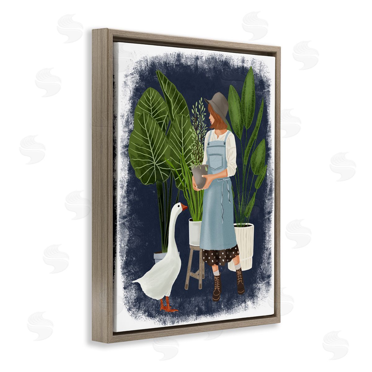 Saba Rauf Gardner Girl with Goose Brown Floating Frame Canvas Wall Art Print
