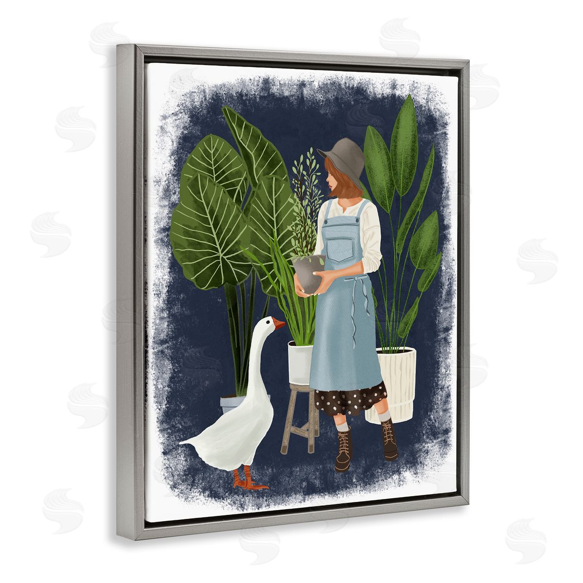 Saba Rauf Gardner Girl with Goose Gray Floating Frame Canvas Wall Art Print