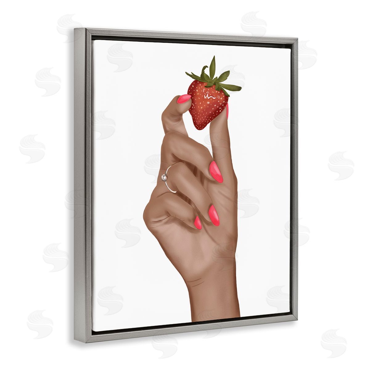 Saba Rauf Holding Juicy Strawberry Gray Floating Frame Canvas Wall Art Print