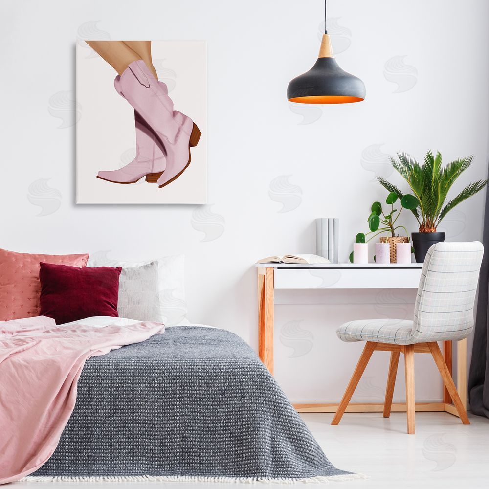 Saba Rauf Pastel Pink Cowgirl Boots Canvas Wall Art Print in Room