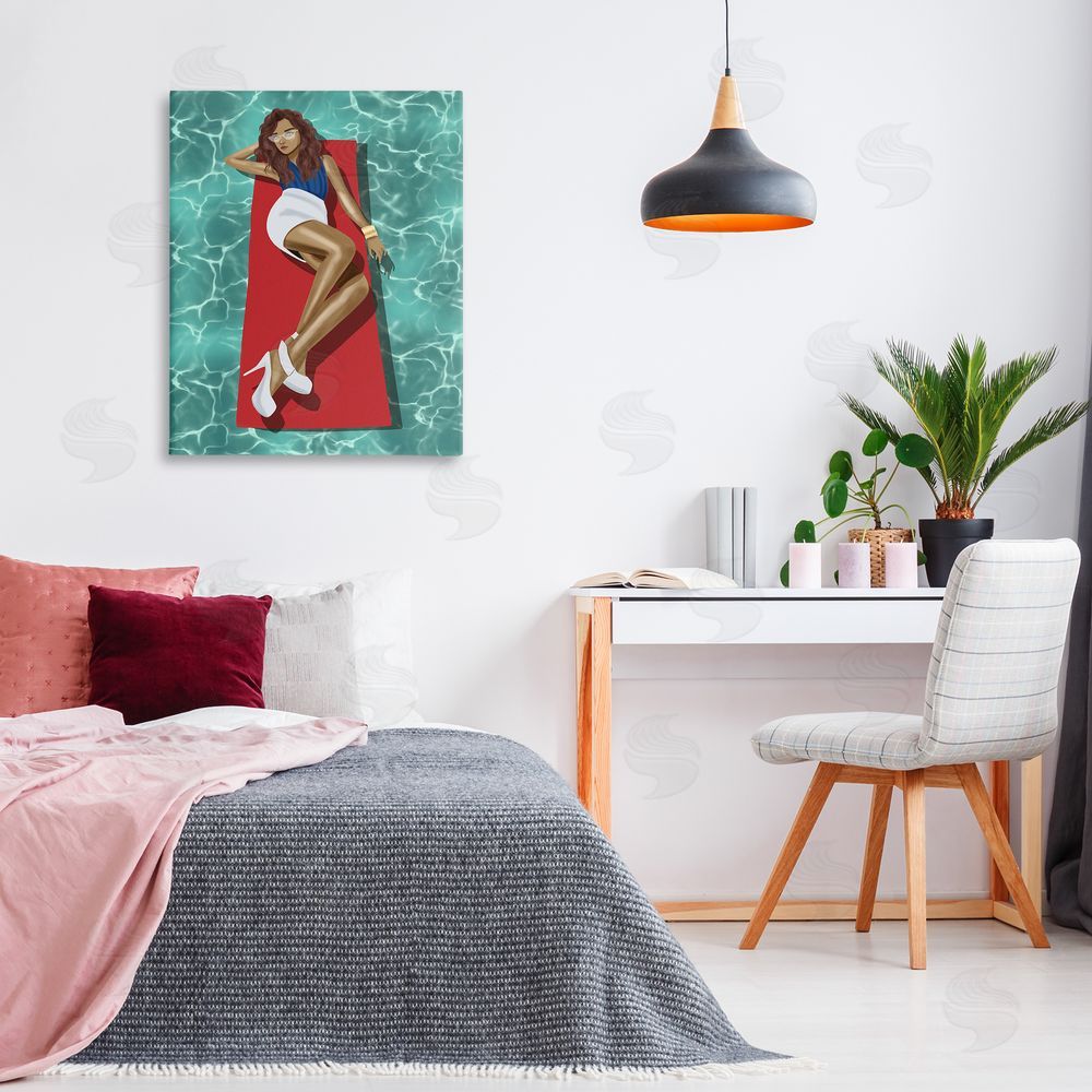 Saba Rauf Lounging on Pool Raft Canvas Wall Art Print in Room