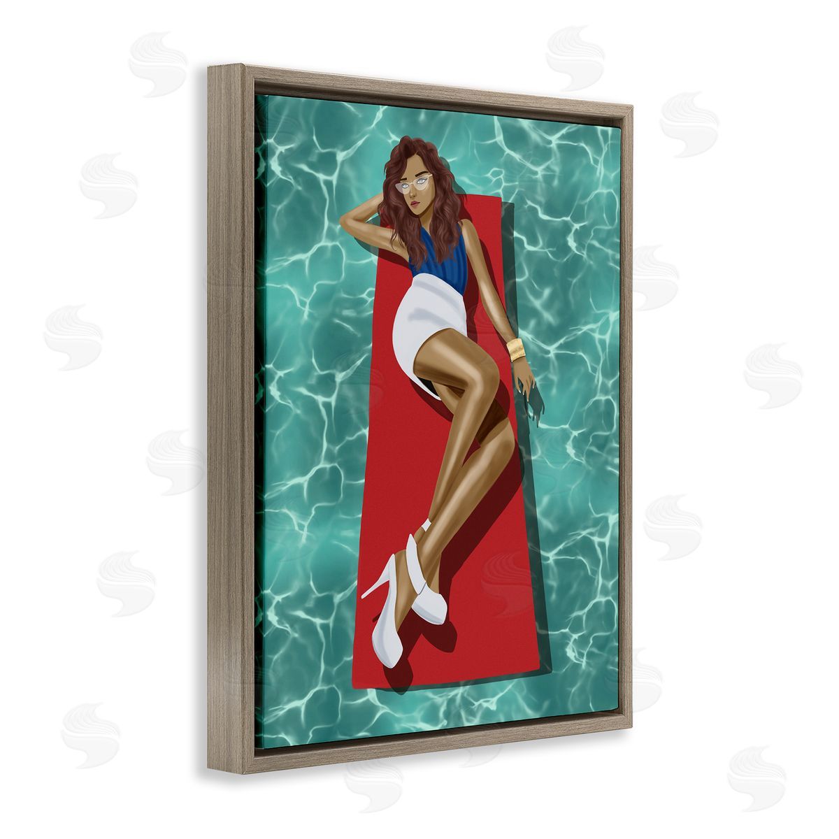 Saba Rauf Lounging on Pool Raft Brown Floating Frame Canvas Wall Art Print