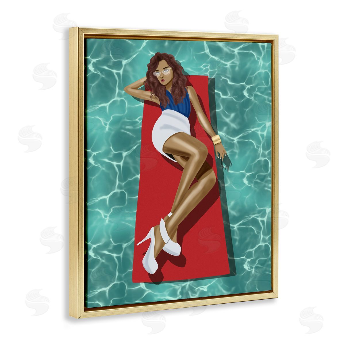 Saba Rauf Lounging on Pool Raft Gold Floating Frame Canvas Wall Art Print