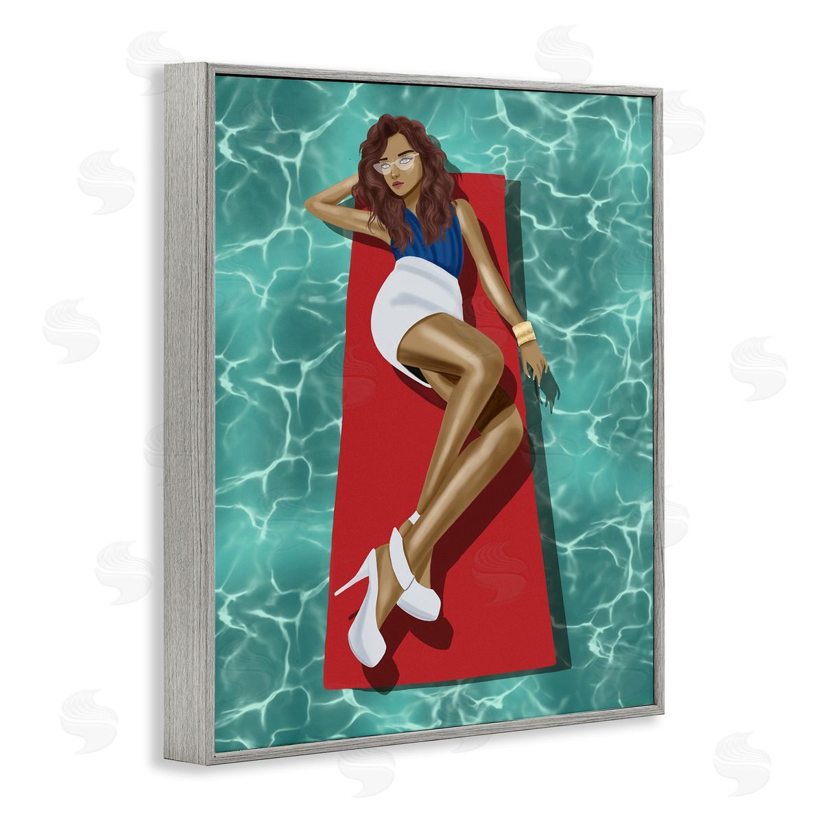 Saba Rauf Lounging on Pool Raft Gray Framed Giclee Wall Art Print